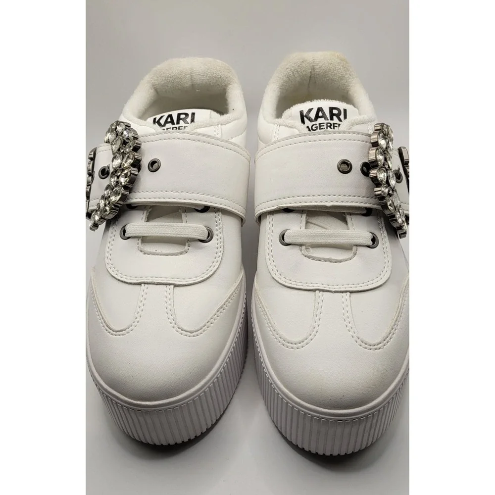 White Leather With Crystal Trim Buckle Karl Lagerfeld Platform Sneakers Size 6.5